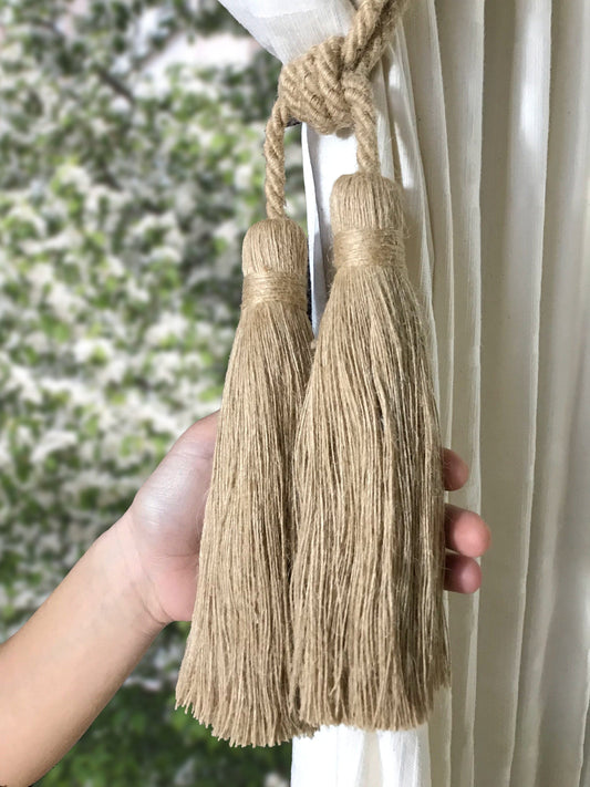 Stupenda grande embrasse doppia in juta decorazione per tende tendaggi drappeggio drappo made in italy