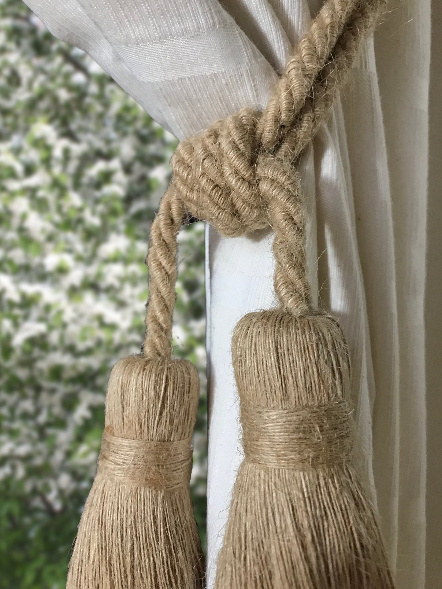 Stupenda grande embrasse doppia in juta decorazione per tende tendaggi drappeggio drappo made in italy