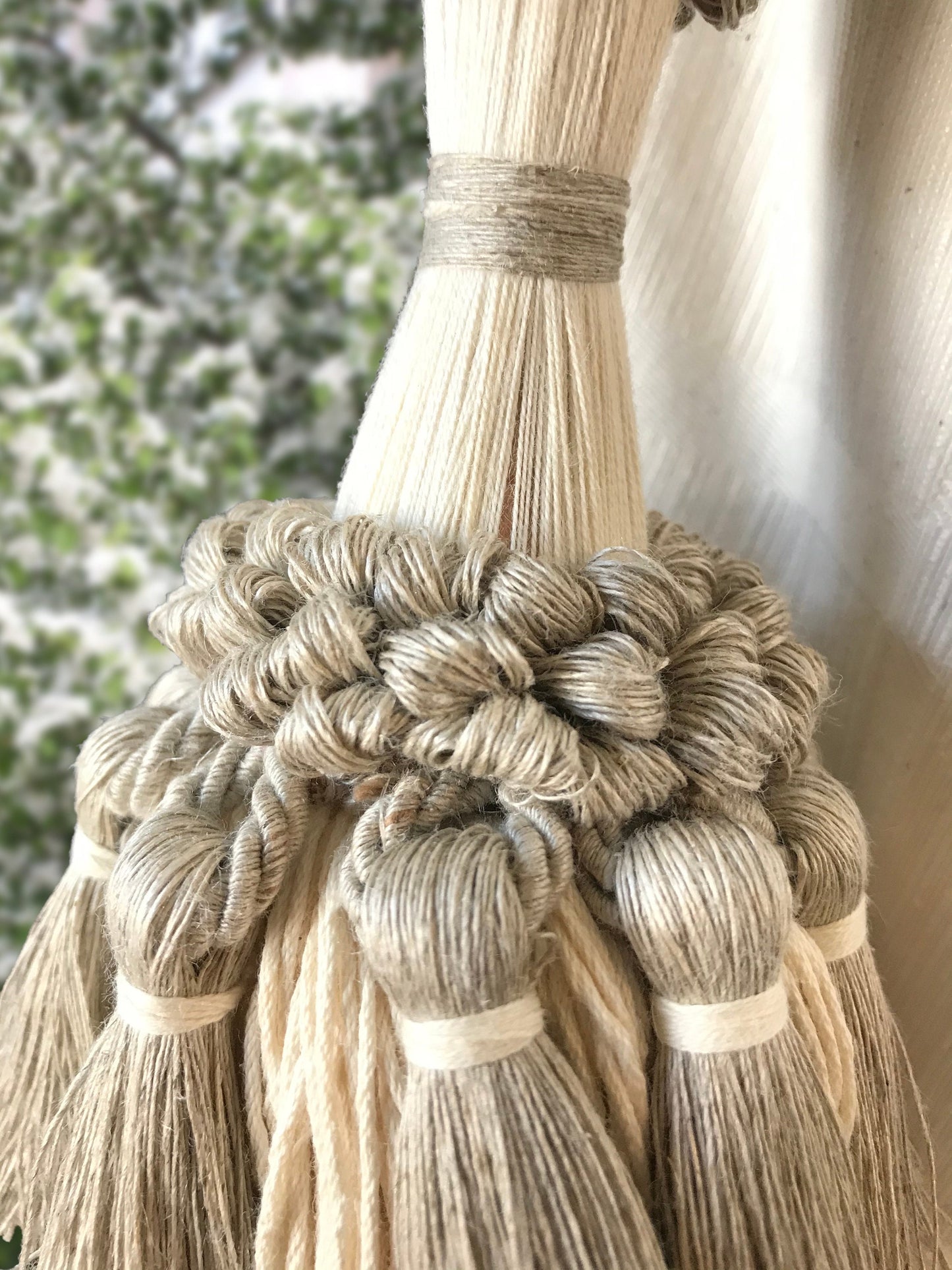 Stupenda grande embrasse in lino e cotone naturali, decorazione per tende tendaggi drappeggio drappo made in italy