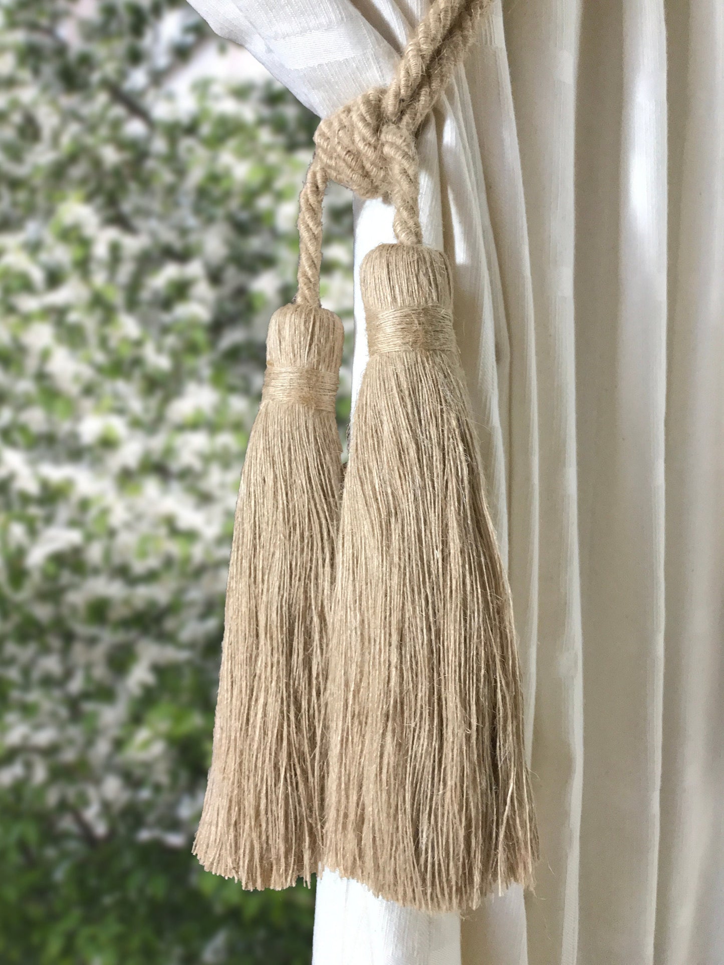 Stupenda grande embrasse doppia in juta decorazione per tende tendaggi drappeggio drappo made in italy